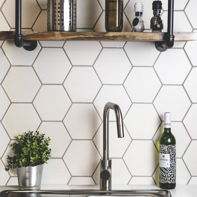 Geometric 6" x 7" Porcelain Patterned Floor Use Tile, White Matte