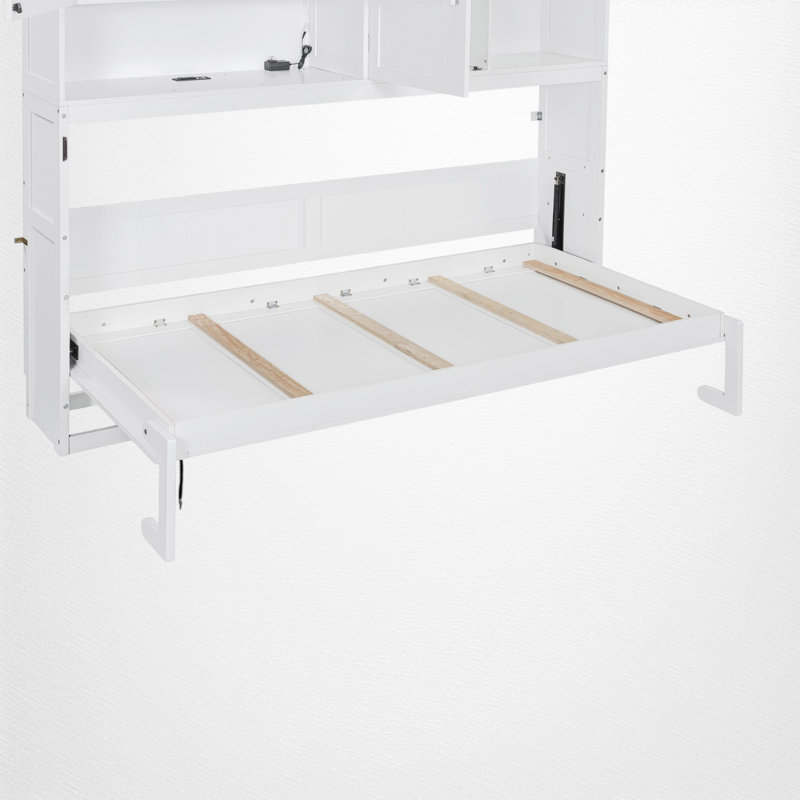 Lit escamotable simple avec bibliothèque de rangement et tablettes, lumière DEL et stations de charge, Blanc
