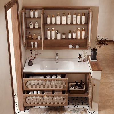 Meuble-lavabo vintage en bois d'hévéa massif avec panneau en rotin et armoire à miroir intelligente