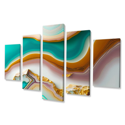 Liquid Harmony Gold Blue Turquoise Agate III - Abstract Shapes Wall Art Print - 5 Panels
