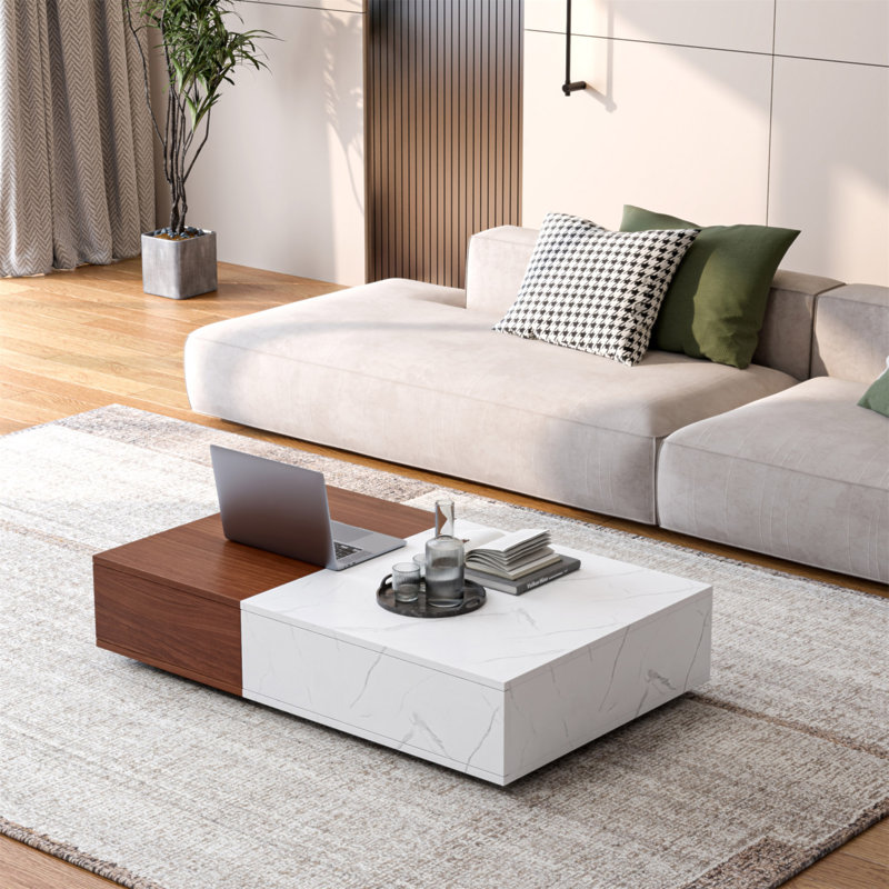 Rectangular Coffee Table With Two Storages In Modern Walnut Style Marble, Brown/White
