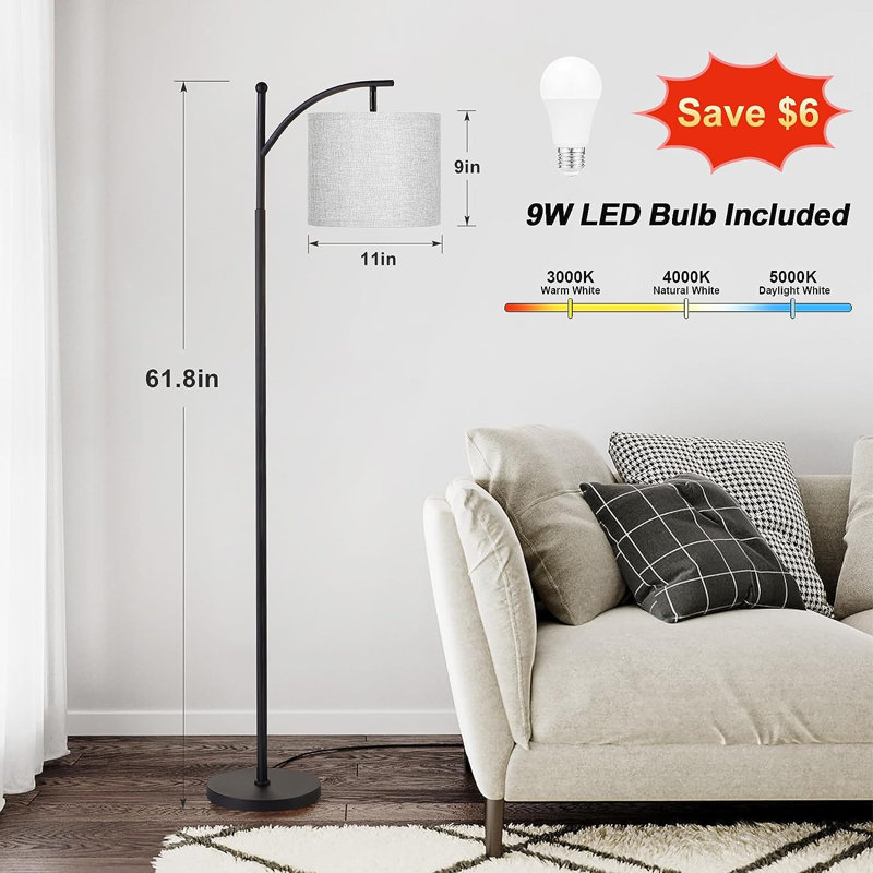 61.8'' LED Arched Floor Lamp, Black, Gray