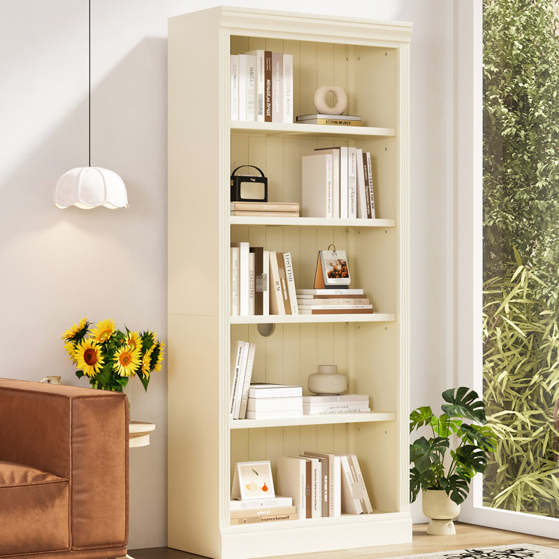 Bibliothèque à 5 niveaux en bois avec bande et trou pour câbles, tablettes réglables pour divers espaces de rangement, ensemble de benne d'éclairage tricolore avec bibliothèque beige et jaune, solutions de rangement personnalisées,