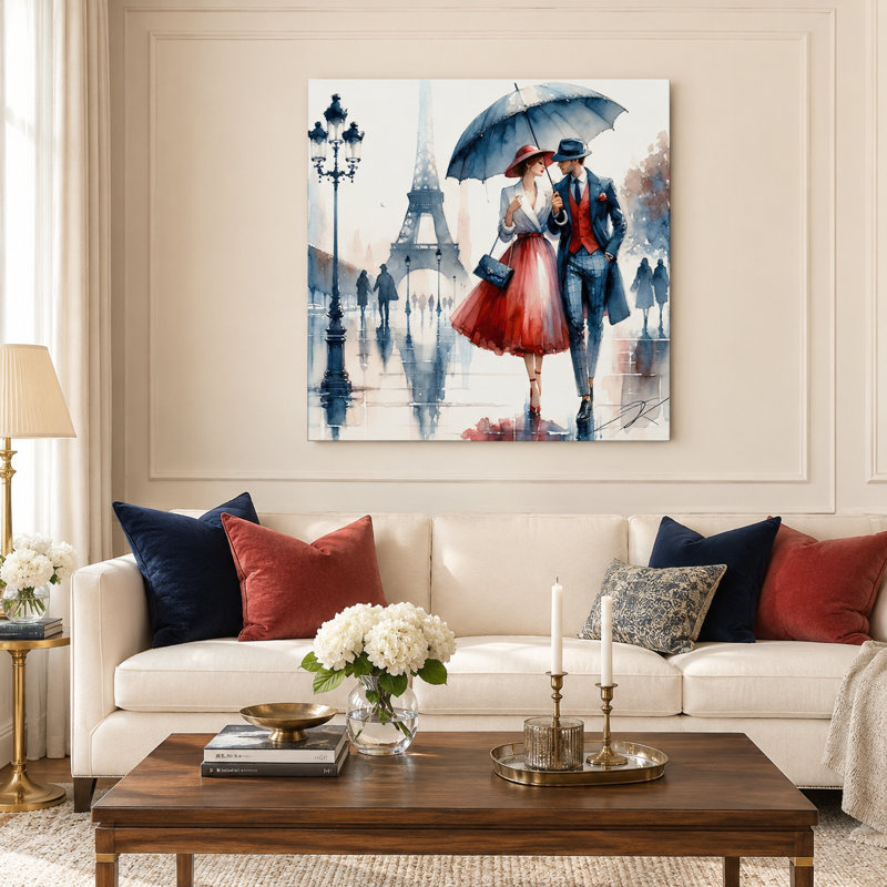 Couple romantique parisien sous un parapluie, tableau sur toile tendue, H 40 po x l 40 po x P 1,5 po