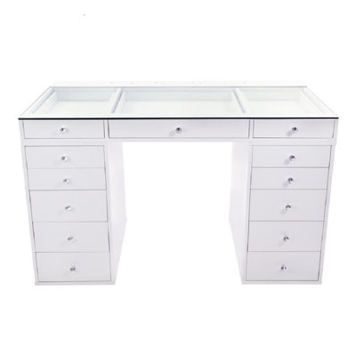 SlayStation Plus 2.0 Tabletop Vanity Desk with Clear Glass Top and 5 Drawer Units Bundle for Storage