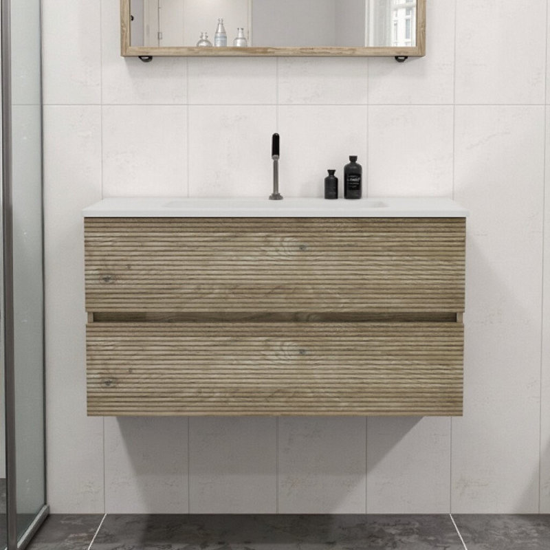 Meuble-lavabo flottant 36 po avec lavabo intégré en céramique 36 po - Rangement mural moderne, tiroirs à fermeture en douceur