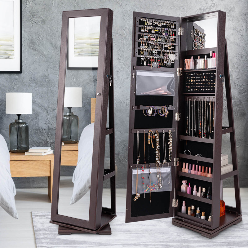 Armoire à bijoux pivotante 360 ° Ebern Designs 2-en-1 verrouillable en miroir, Brun foncé