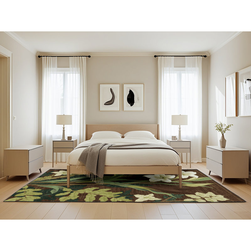 Tapis botanique brun lavable à la machine, Rectangle de 5 pi x 8 pi