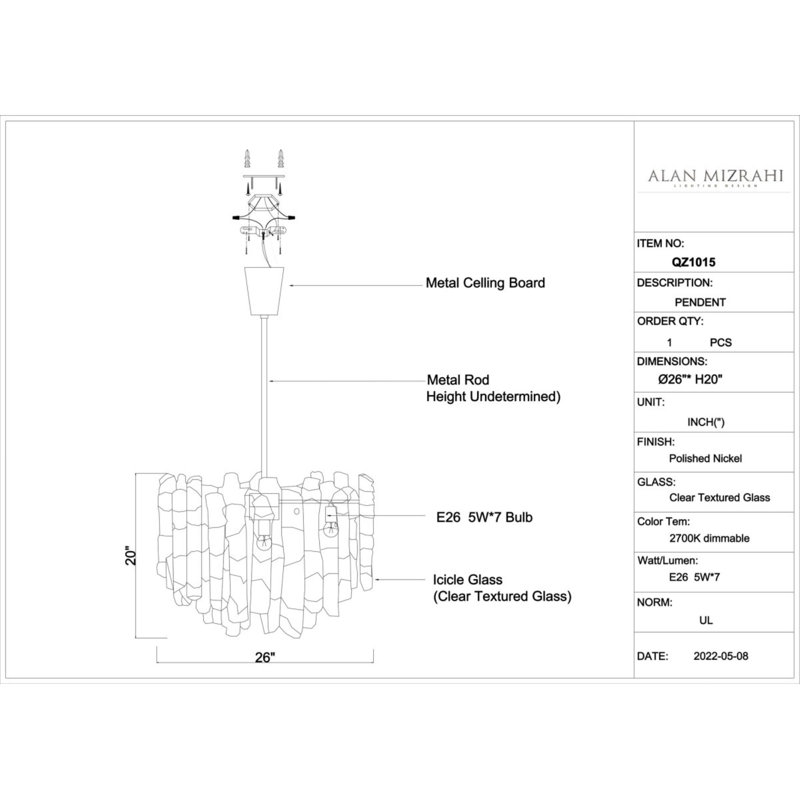 Lustre Light Ice, Verre texturé transparent, H 20 po x l 14 po x P 14 po, Bronze