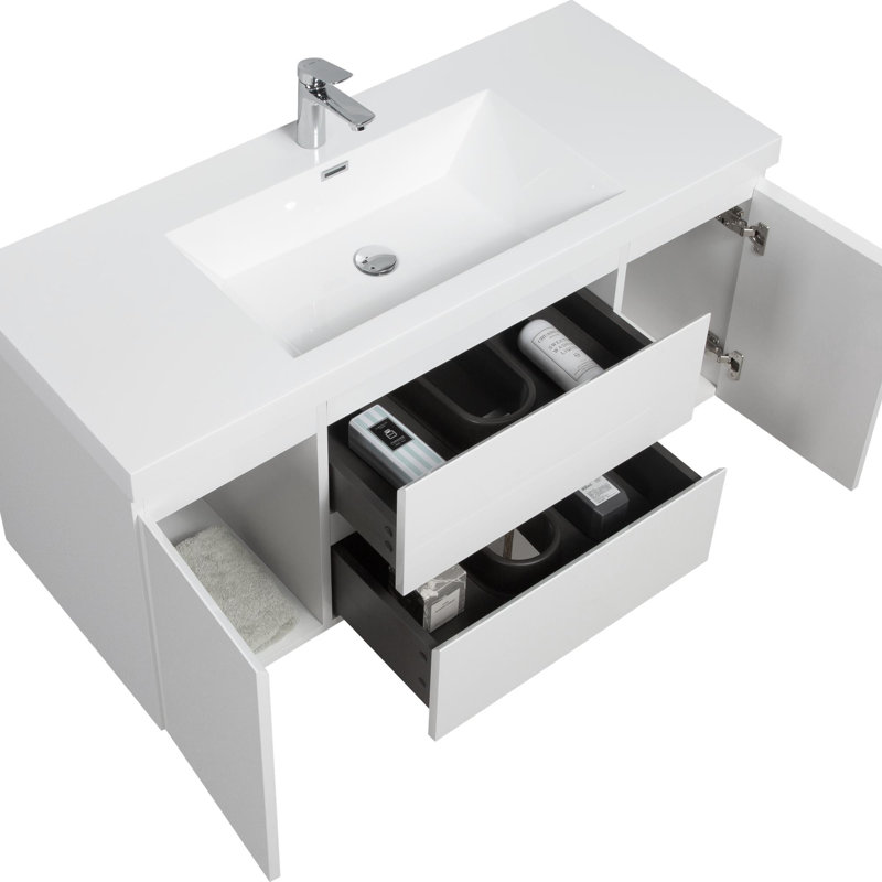 Meuble-lavabo flottant moderne de 48 pouces, Blanc lustré, 48"