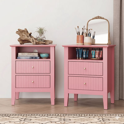 Ensemble de table de chevet 18 po à 2 tiroirs cannelés 18 po, rose moderne avec rangement