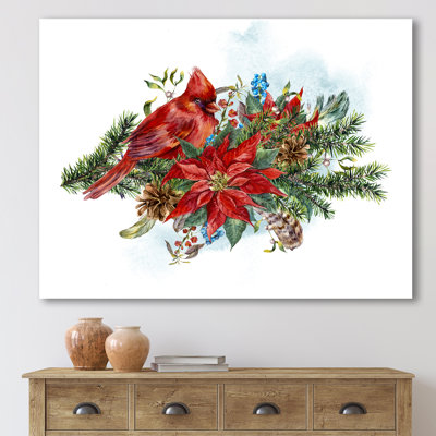 Poinsettia de Noël et oiseau cardinal rouge - impression sur toile