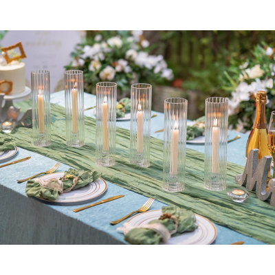 Ensemble de 6 bougeoirs en verre côtelé Hurricane - Support de chandelier coupe-vent pour pièce maîtresse de mariage, douche nuptiale, décoration de fête - 11,8 pouces de haut en verre épais