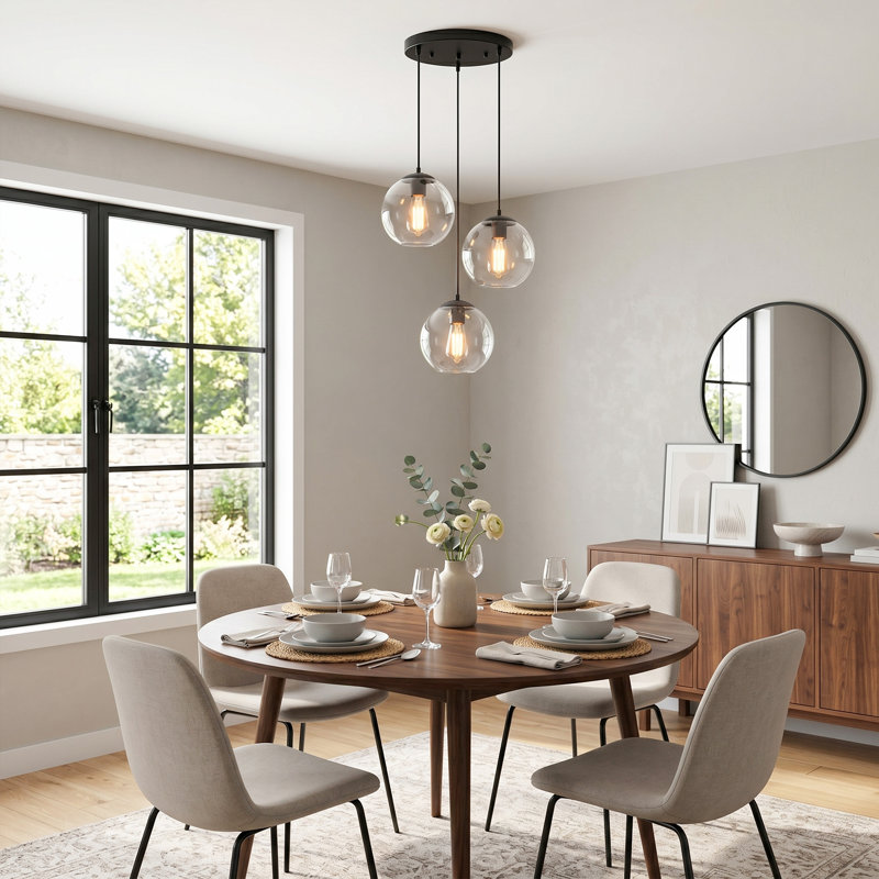 3-Light Globe Glass  Cluster Pendants, Matte Black, 3