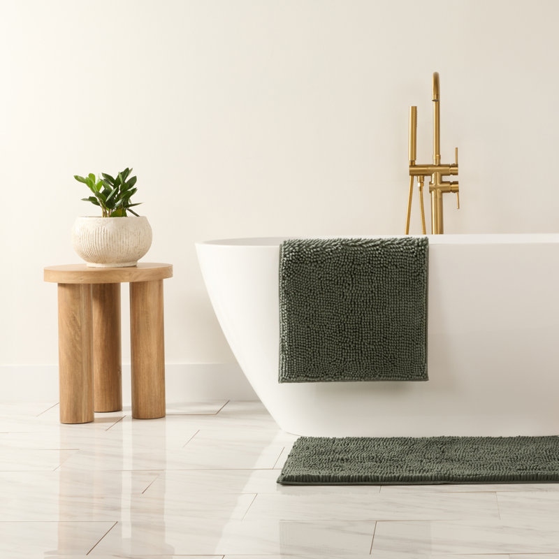 Soft Absorbent Chenille Bath Mat Rug with Anti-Skid Rubber Backing, Sage, Single - 34" L x 21" W