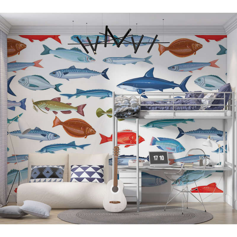 Murale pelez et collez de qualité supérieure - Motif de poisson coloré, L 120 po x l 180 po