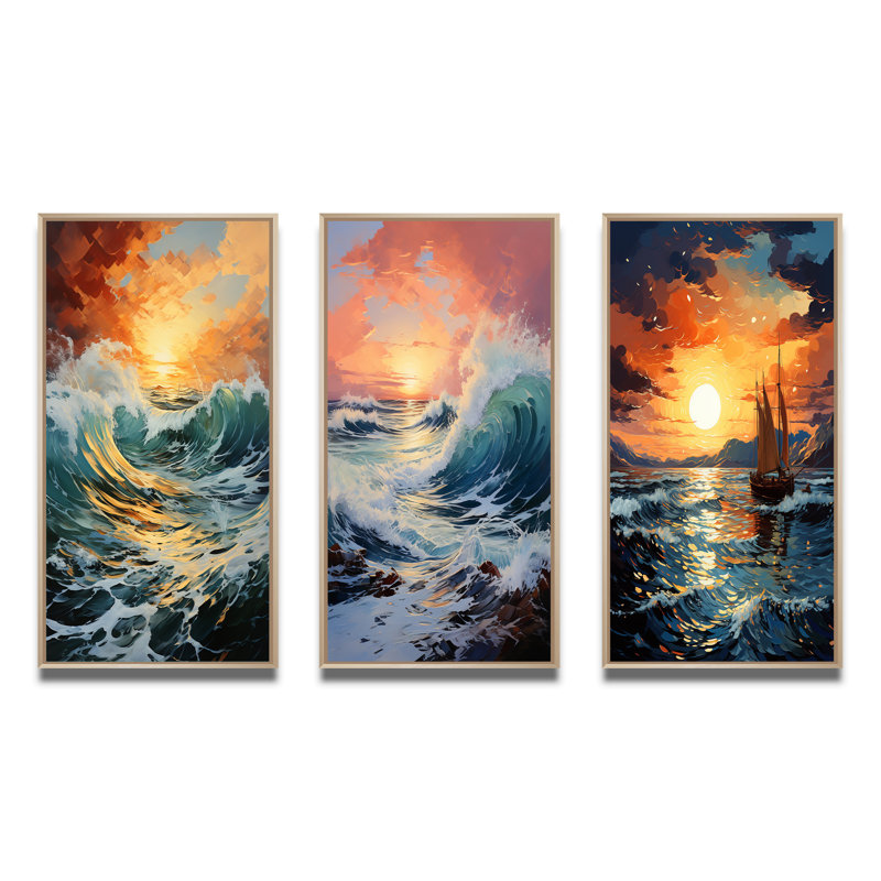 «Orange Teal Coastal Storm», 3 pièces, Encadré naturel, H 28 po x l 36 po