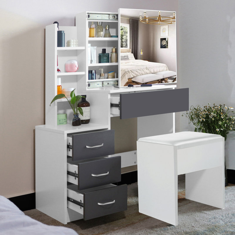 Tremper Dressing Table with Sliding Mirror, Grey/White