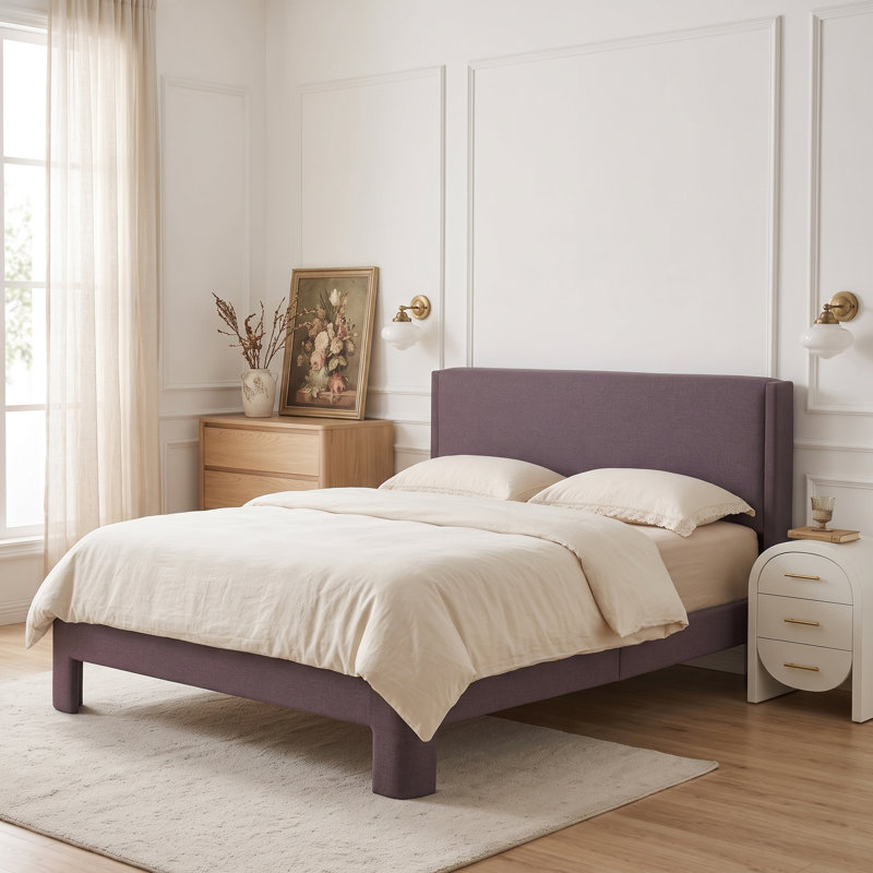 Lit rectangulaire moderne et minimaliste capitonné, Queen, lin violet, Grand lit, Mauve