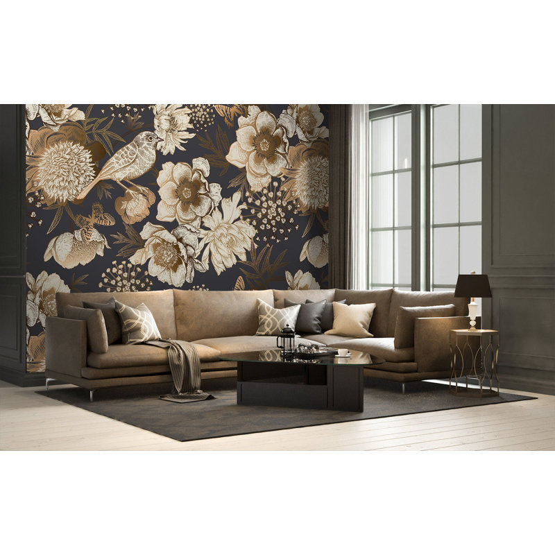 Papier peint amovible pivoines dorées avec oiseaux et papillons, L 75 po x l 112 po