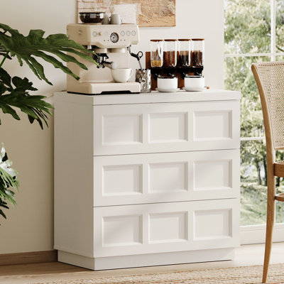 Buffet Boho, console de rangement en bois épaissi avec tiroirs rabattables, conception coulissante silencieuse et lisse, armoire d'appoint anti-vacillement stable pour la salle à manger, blanc