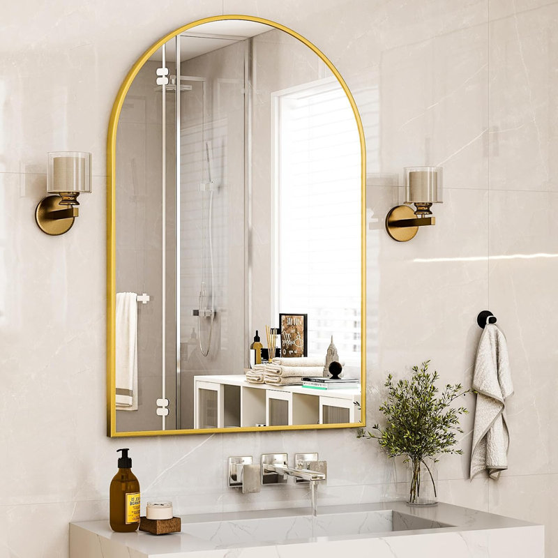  30" x 40" Arched Wall Mirror, Gold & Black Aluminum Alloy Frame, Perfect for Bathroom, Living Room, Bedroom, and Entryway