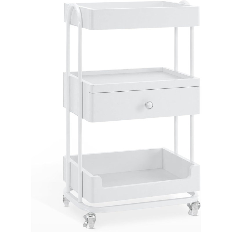 Utility Trolley with Wheels and Drawer, Stylist Rolling Storage Cart, White