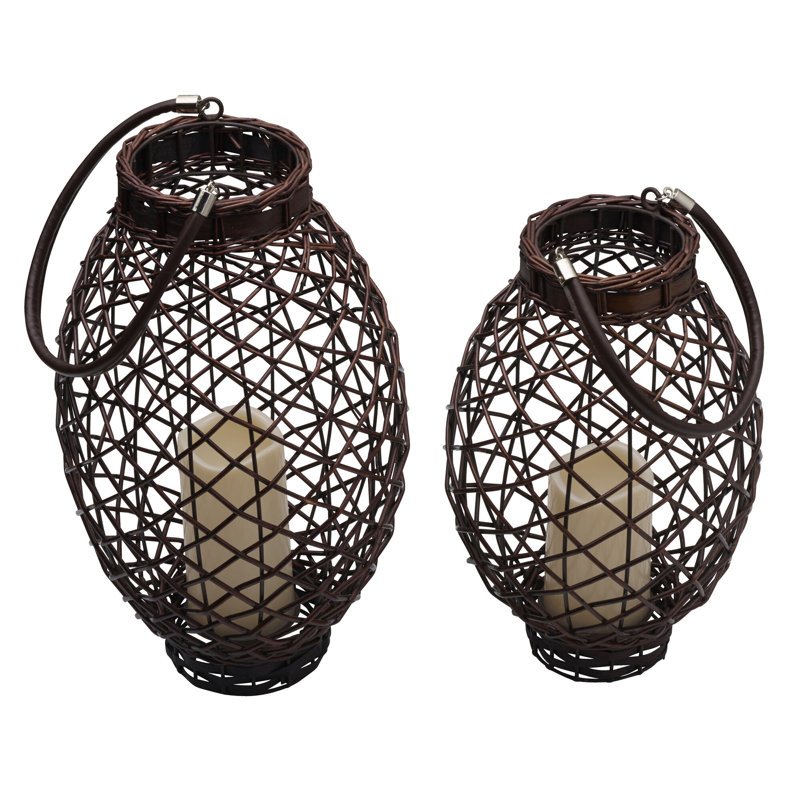 Dark Brown Wicker Hanging Candle Lantern Set