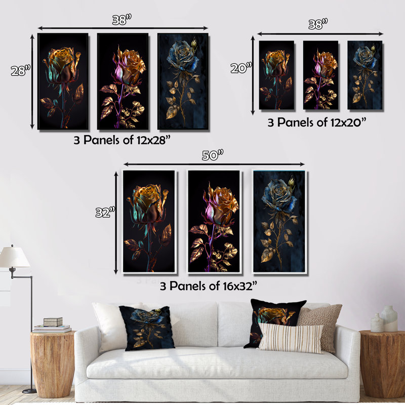 «Glam Golden Rose On Black», 3 pièces sur toile, Noir, H 40 po x l 60 po