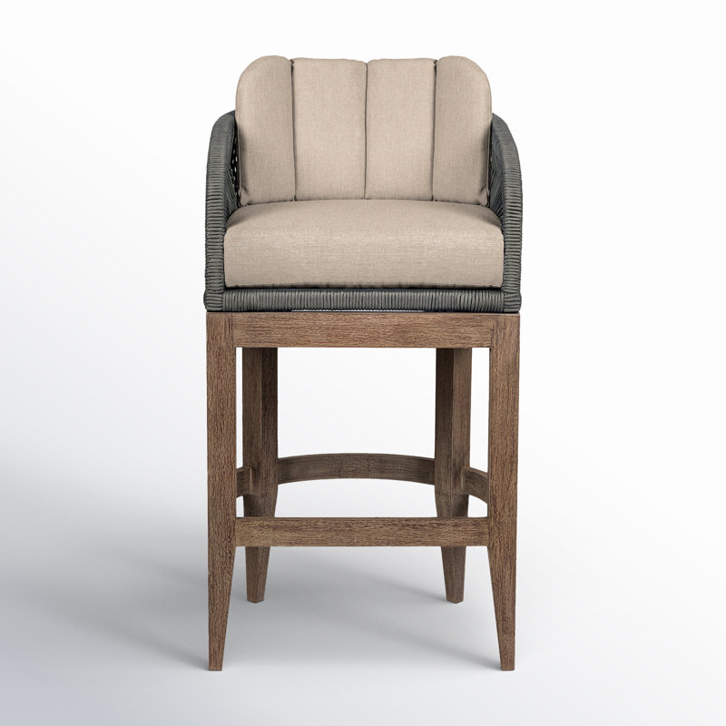 26" Weathered Eucalyptus Outdoor Counter Stool with Gray Rope and Taupe Cushions
