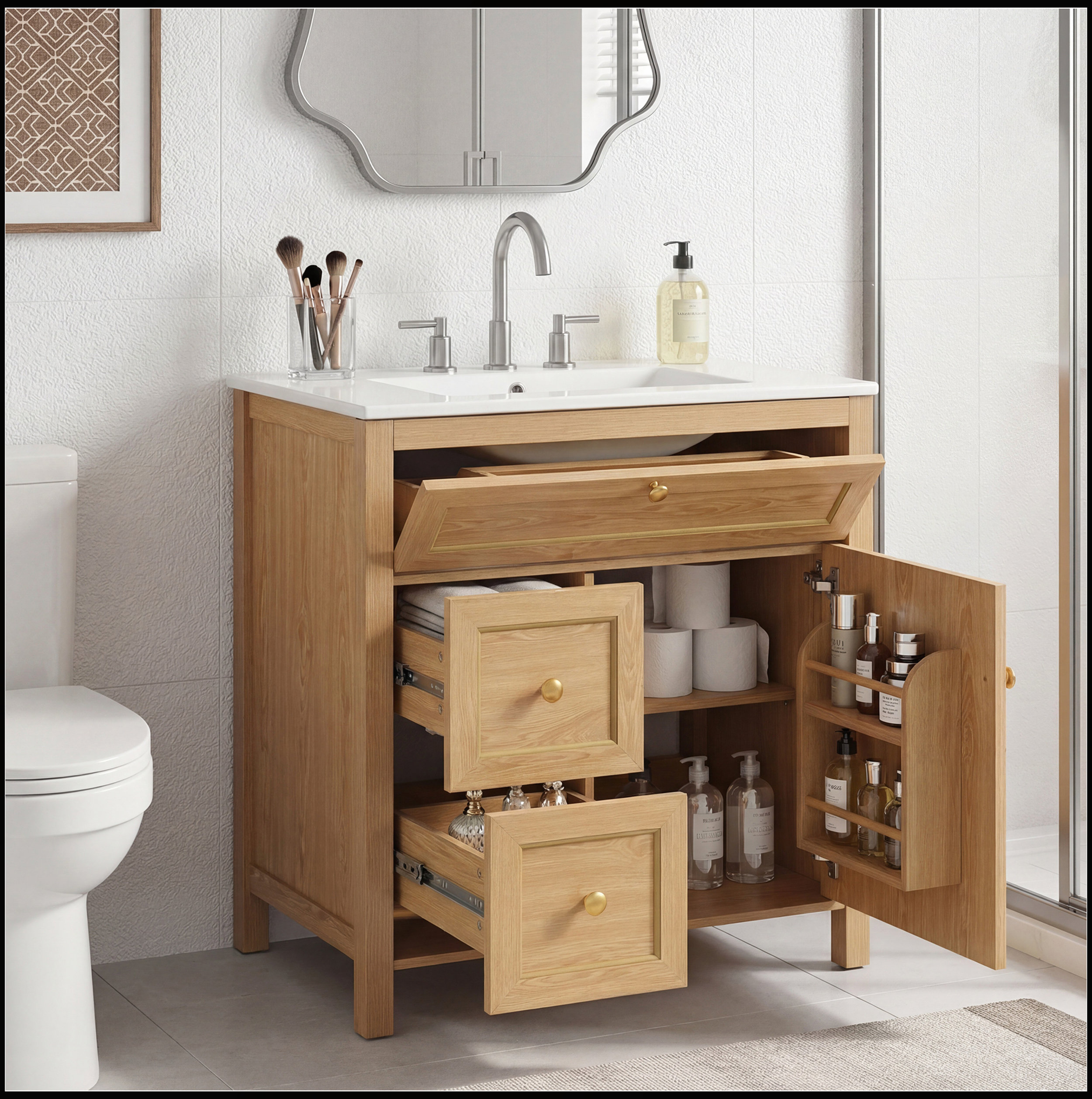 August Grove® 30 Inch Bathroom Vanity with Integrated Sink, Flip-Out ...