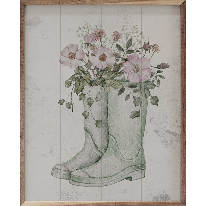 Boots With Flowers Green, 10" H x 8" W