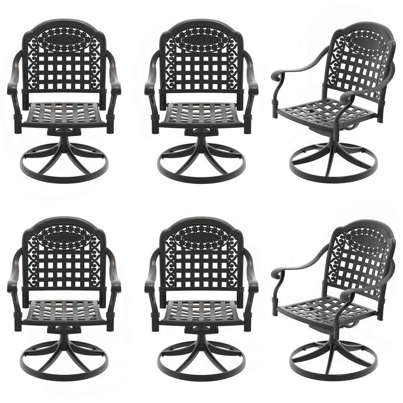 Chaise de patio pivotante en aluminium 6 pièces avec structure noire et coussins bleus