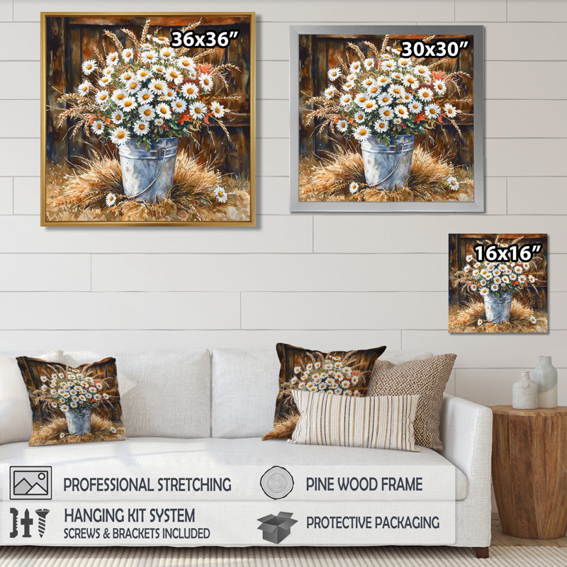 Donjae Summer Daisies Bouquet At The Farm II - marguerites, art mural, Impression encadrée flottante, Noir, noir, noir, noir