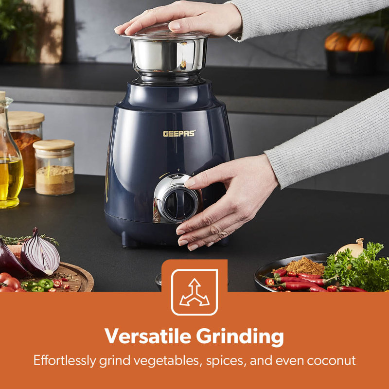 GEEPAS 600W 3-in-1 Mixer Grinder | Stainless Steel Jars, Blades | 3 Speed Control, Perfect for Chutney, Dry & Wet Fine Grinding Mixing Overload Protection Shockproof Body | 2 Yr Warranty