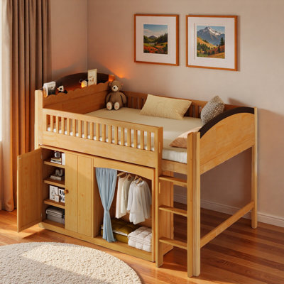 Loft Bed With Storage Cabinet, Wardrobe With A Cloth Curtain, Led Design And Stairs