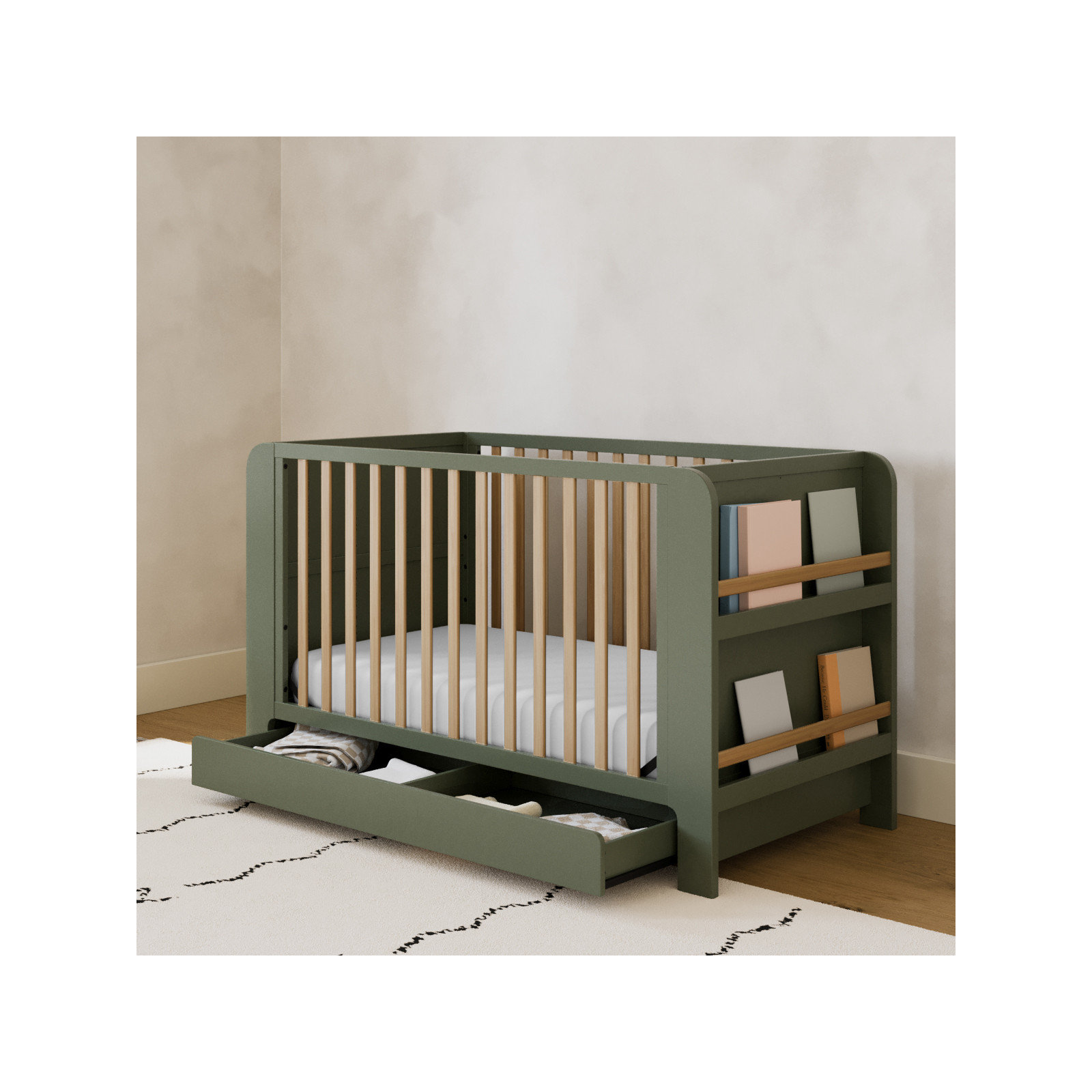 Read-With-Me 4-In-1 Convertible Crib With Drawer, Olive/Driftwood, Crib