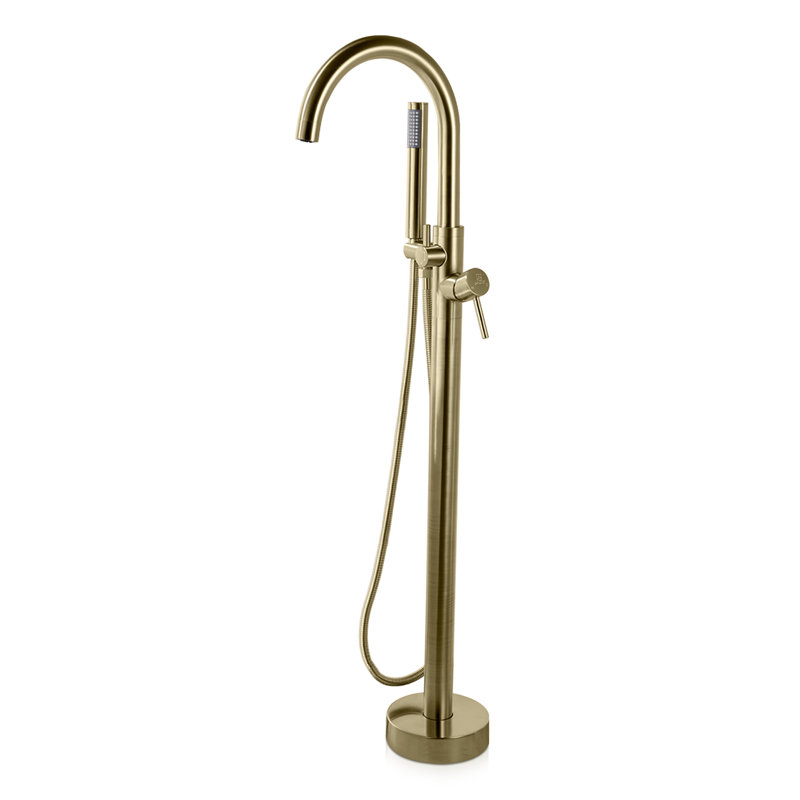 Coral Series 2-Handle Freestanding Tub Faucet In Satin Brass With 60 In. Pull Out Hand Sprayer And High Arched Spout
