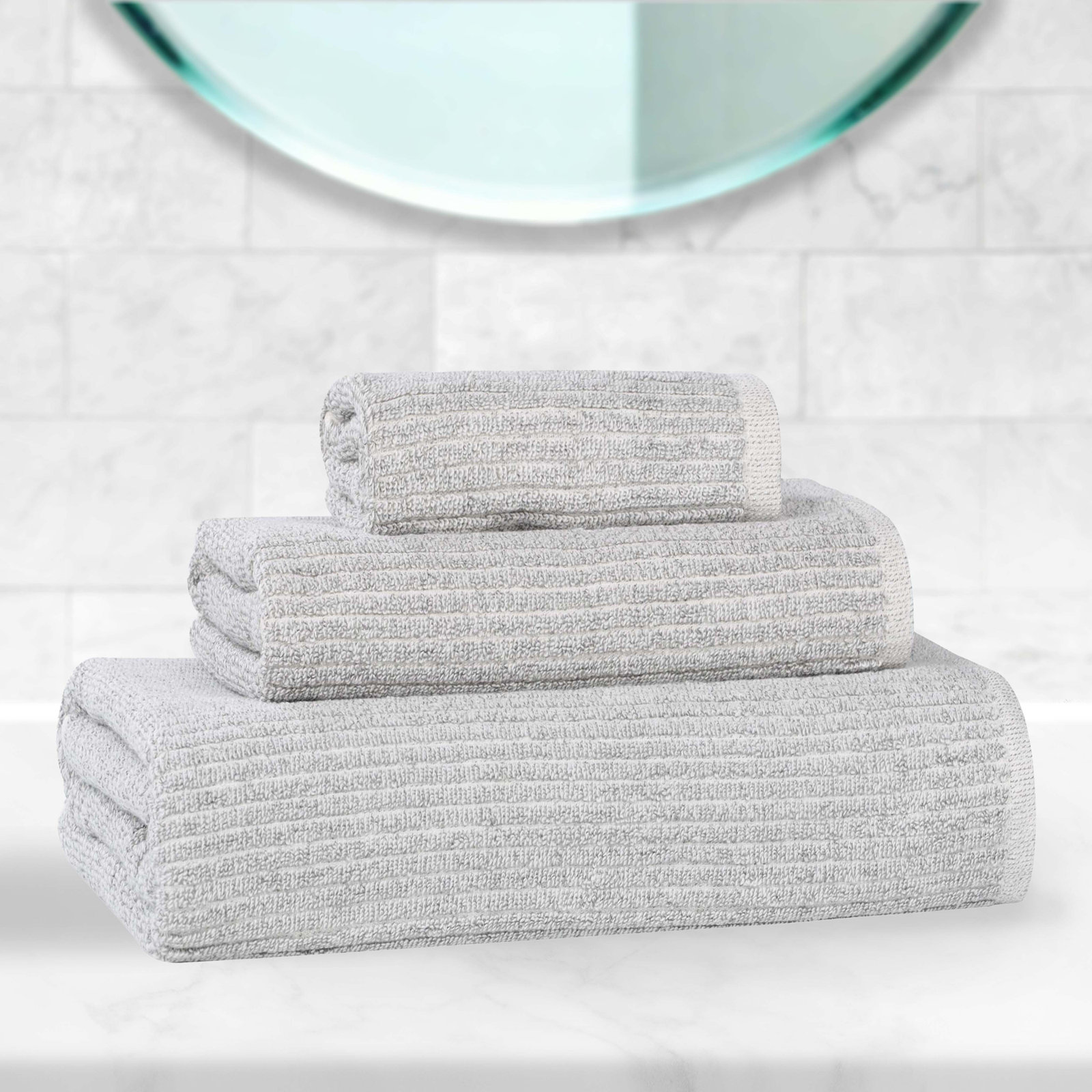 Amberg 3-Piece Ribbed Cotton Towel Set, Platinum