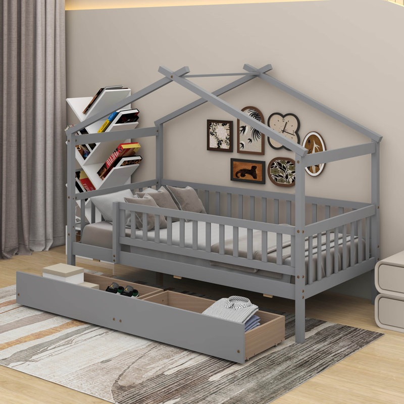 Lit en bois avec deux tiroirs, Gris, Simple