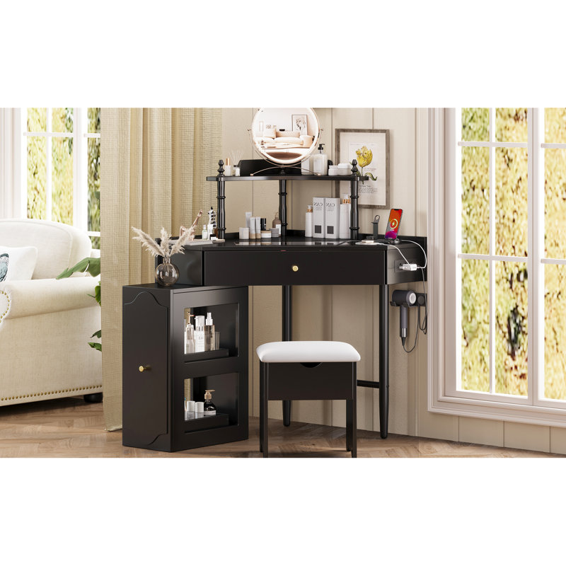 Meuble-lavabo de coin avec station de charge, plateau de table en verre, armoire amovible et rangement pour tabouret de maquillage noir, coussin de table