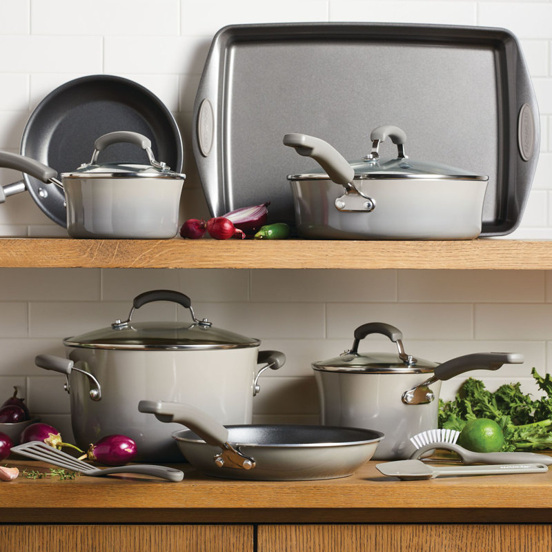 Gray 14-Piece Nonstick Aluminum Cookware Set with Silicone Handles