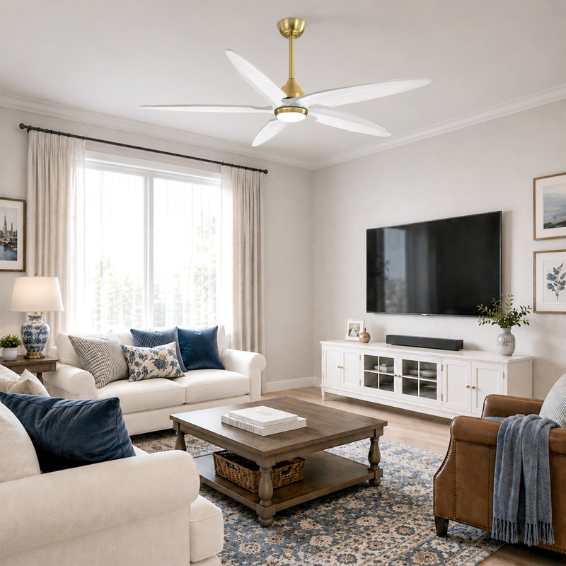 Chanille 5-Blade Solid Wood Ceiling Fan with LED Light and Remote Control, Off White, Gold, 64"