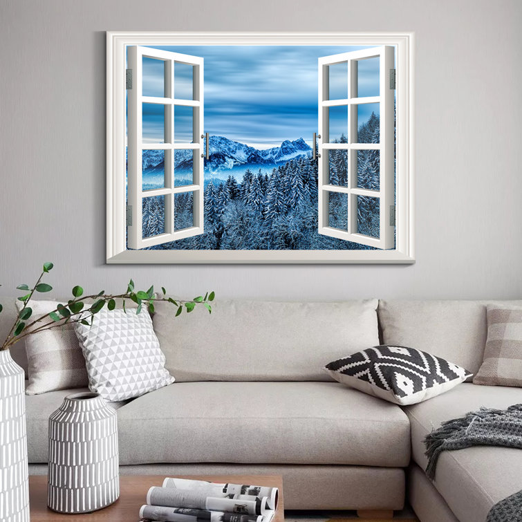 Framed Canvas Printed Window Scene Landscape Snowy Forest and Mountain Wall Art Decor Painting,Decoration for Office, Living Room, Bathroom, Bedroom D