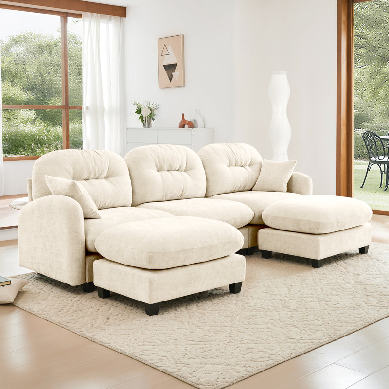 Modulaire à 3 places, chenille beige, mobile, exquis, ensemble de ressorts et éponge à haute résilience, 2 coussins décoratifs, canapé modulaire en U en forme de U à capacité d'assise flexible, coussin, ergonomique