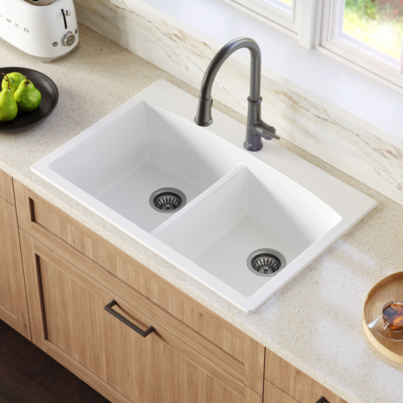 Karran Drop-in Quartz Composite 33'' X 22'' 1-Hole 50/50 Double Bowl Kitchen Sink, White
