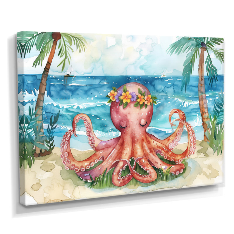 Pieuvre méditant sur la plage à Hawaï - Pieuvre / calmar, art mural, salon, Toile tendue, H 24 po x l 32 po x P 1 po