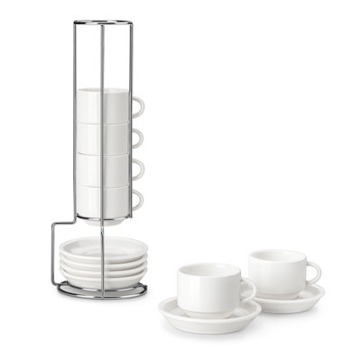 Ensemble de 6 tasses à espresso en céramique et soucoupe empilables en blanc avec support argenté 6 pièces | Ensemble de demitasse 3 oz, design empilable moderne