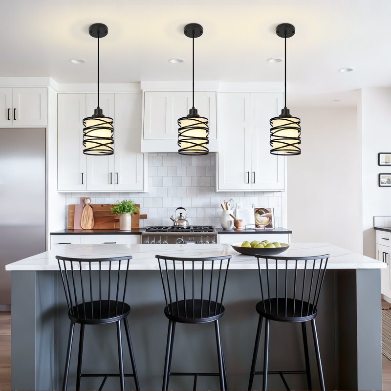 Yadah 1-Light 6.29" Swirl Cage Pendant Light Hanging Fixture for Kitchen Island, Matte Black, Frosted