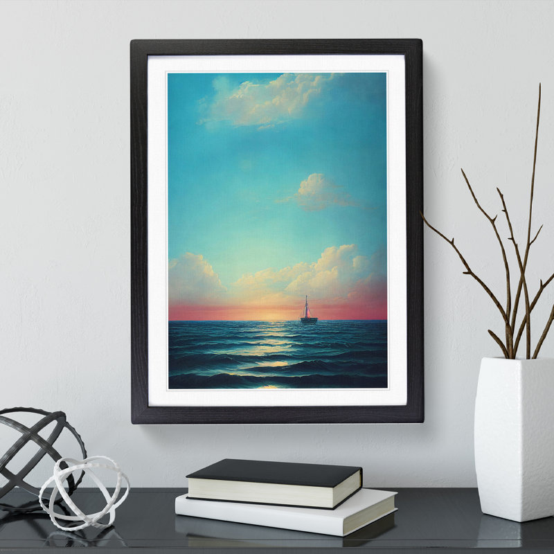 Boat Seascape - Wall Art, Black Framed, 36cm H x 27cm W x 2cm D, White
